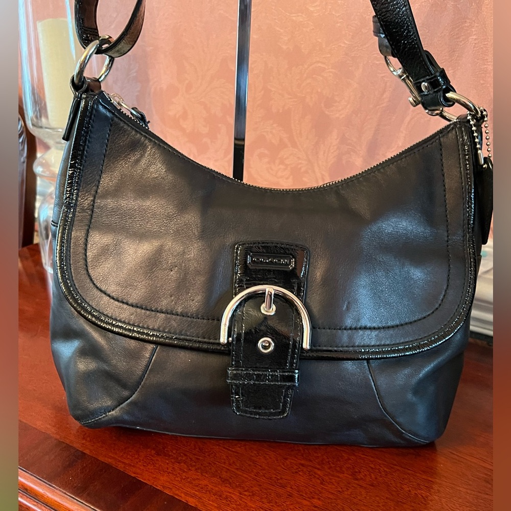 Coach Black Leather w/ Patent Leather Trim Hobo/Satchel. Adjustable Strap